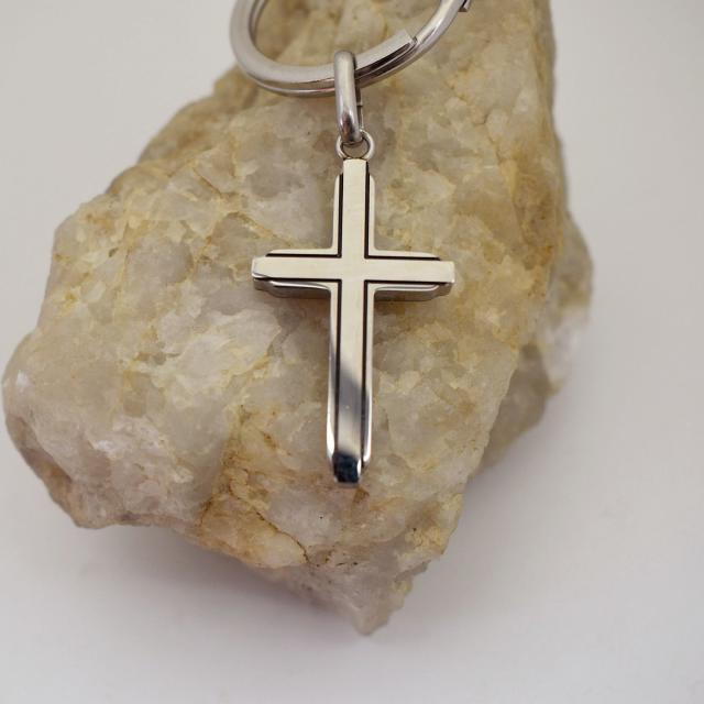 Cross Silver and Black Enameled Stainless Steel Keychain